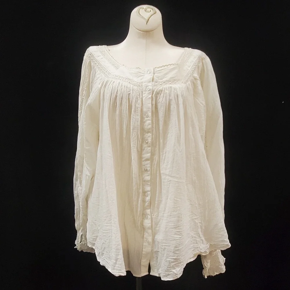 Free People Womens Peasant Crochet Eyelet Faraway Fields Top Size M Cream Boho